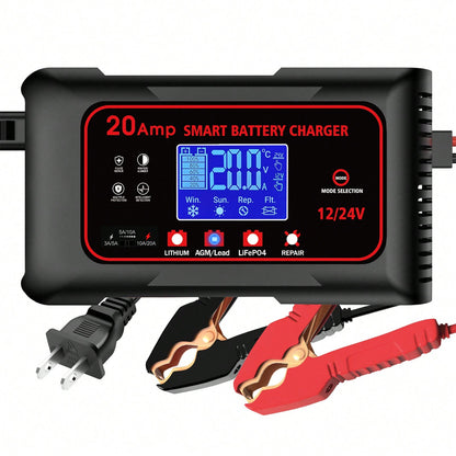 RED-20-Amp Smart Battery Charger, For Car,Boat,Motorcycle, Lawn Mower,12V/20A And 24V/10A.Lithium,Lifepo4,Lead-Acid(AGM/Gel/SLA..) Car Battery Charger,Trickle Charger, Maintainer/Pulse Repair Charger