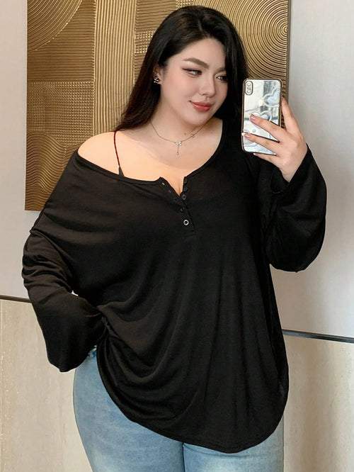 REIGN AVE Plain Color Round Neck Half-Placket Long Sleeve T-Shirt, Spring/Summer