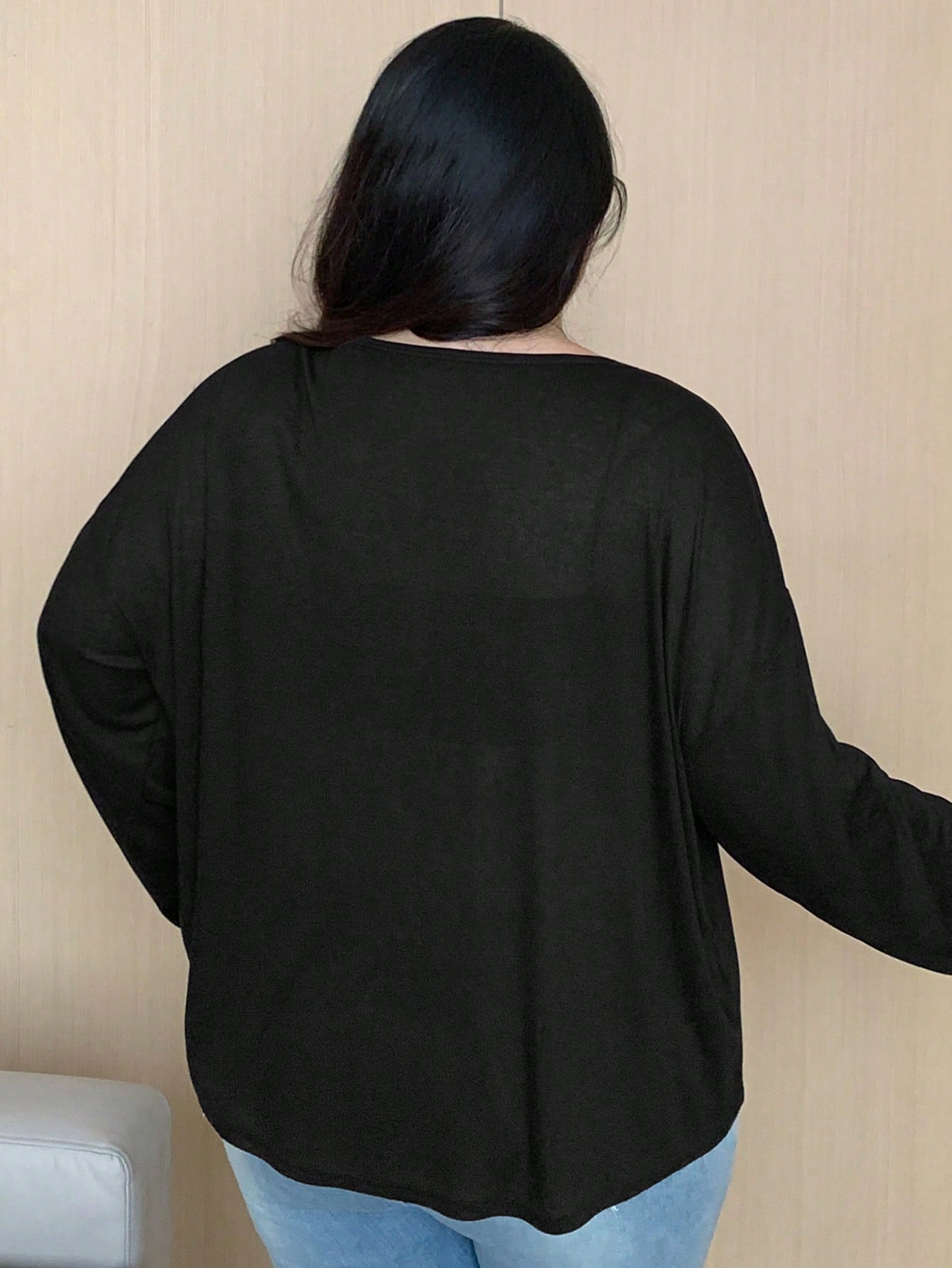 REIGN AVE Plain Color Round Neck Half-Placket Long Sleeve T-Shirt, Spring/Summer