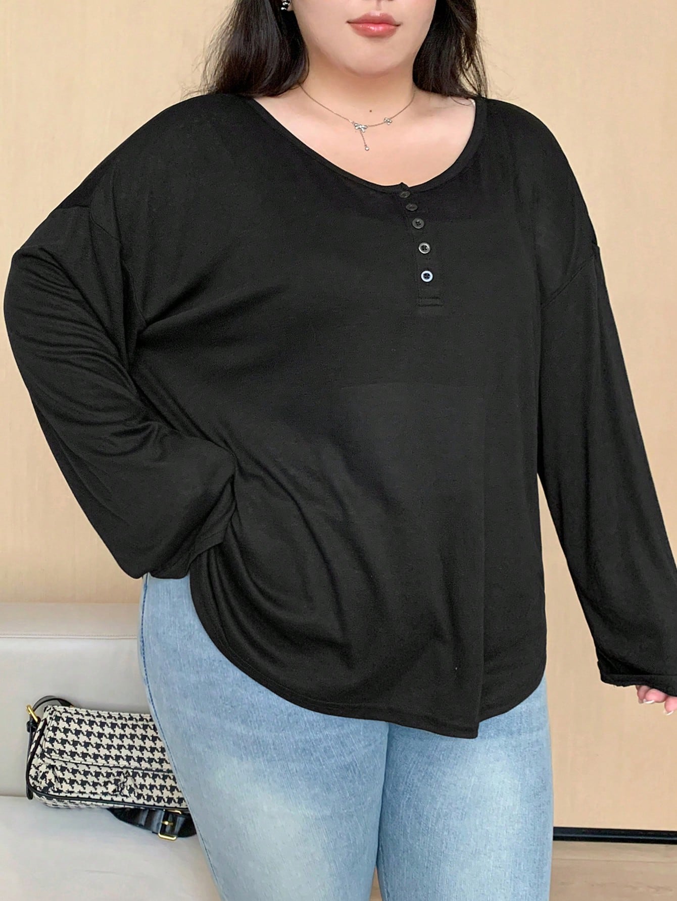 REIGN AVE Plain Color Round Neck Half-Placket Long Sleeve T-Shirt, Spring/Summer