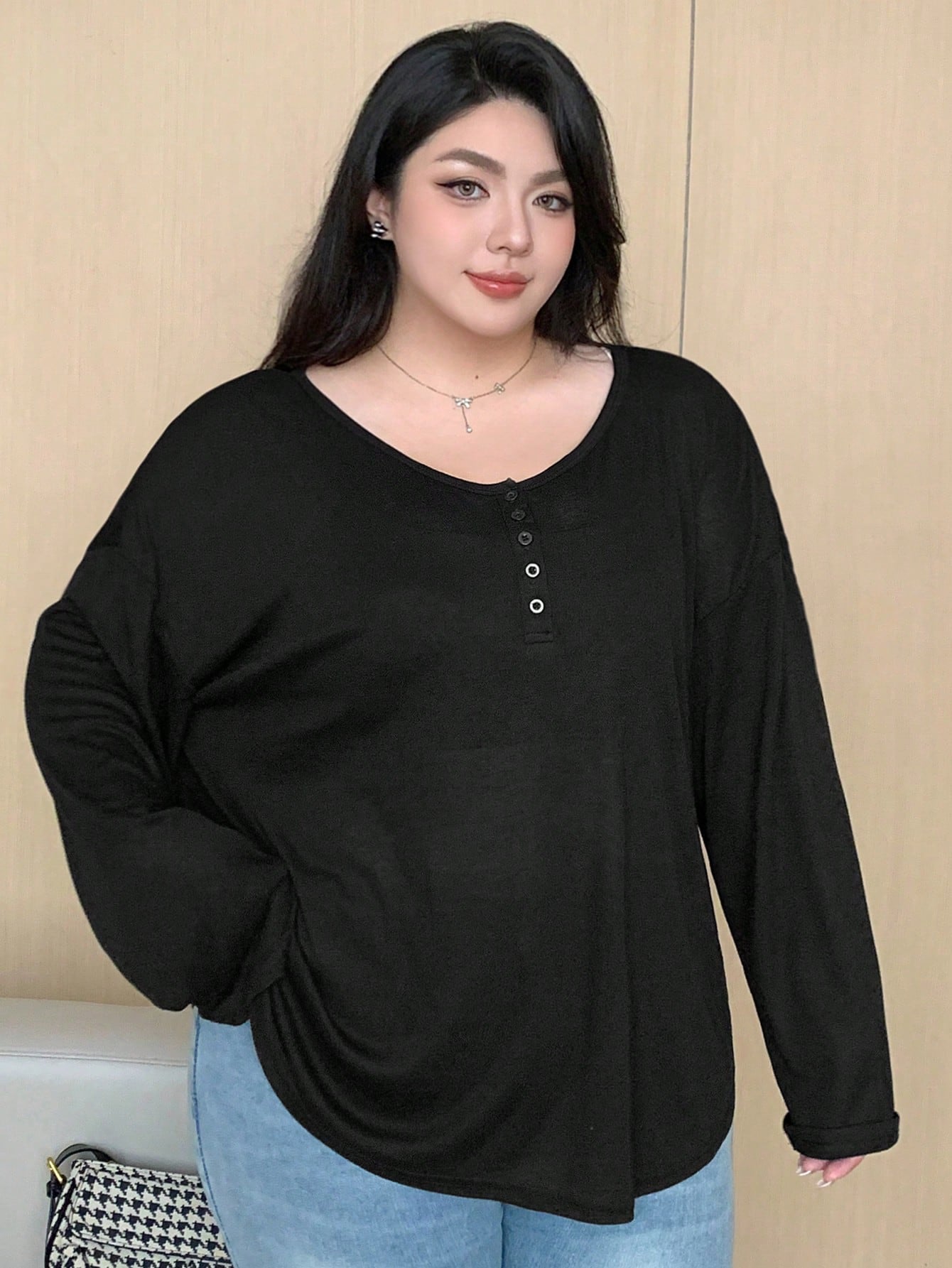 REIGN AVE Plain Color Round Neck Half-Placket Long Sleeve T-Shirt, Spring/Summer