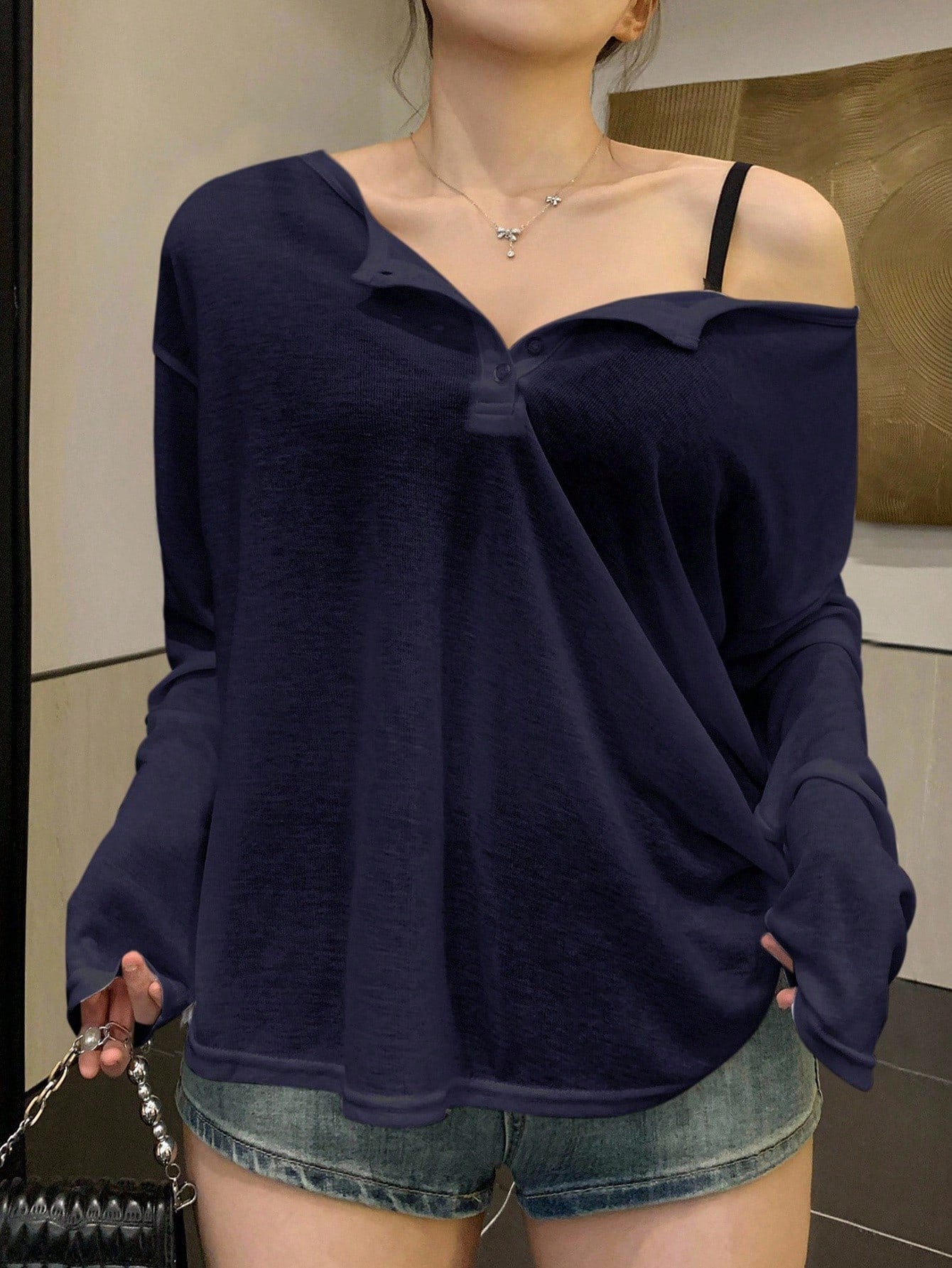 REIGN AVE Plain Color Round Neck Half-Placket Long Sleeve T-Shirt, Spring/Summer