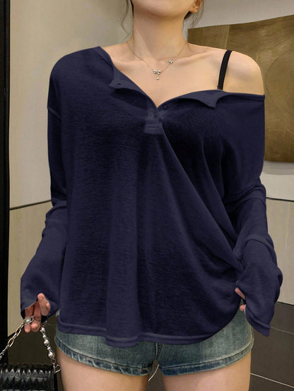 REIGN AVE Plain Color Round Neck Half-Placket Long Sleeve T-Shirt, Spring/Summer