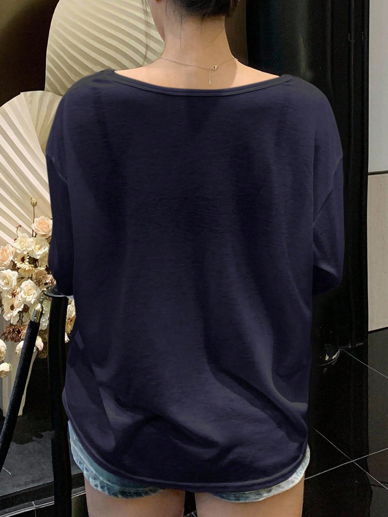 REIGN AVE Plain Color Round Neck Half-Placket Long Sleeve T-Shirt, Spring/Summer