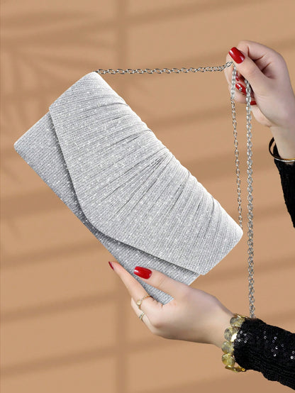 REMANLAND 1pc Shiny, Pleated Women's Handbag, Envelope-Style Clutch Bag With Hidden Card Slots And Compartments, Detachable Metal Chain Shoulder Strap, Wedding Items