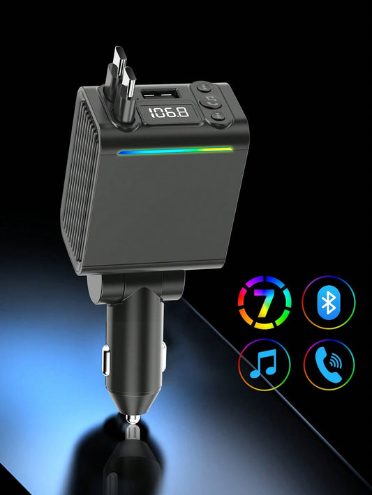 REMAX Bluetooth 5.3 FM Transmitter & Car Charger With Colorful Ambient Light, Dual 74cm Retractable USB-C Cables, 30W PD Fast Charging, HD Mic For Hands-Free Calls, Type-C Charger, IPhone Charger, Car
