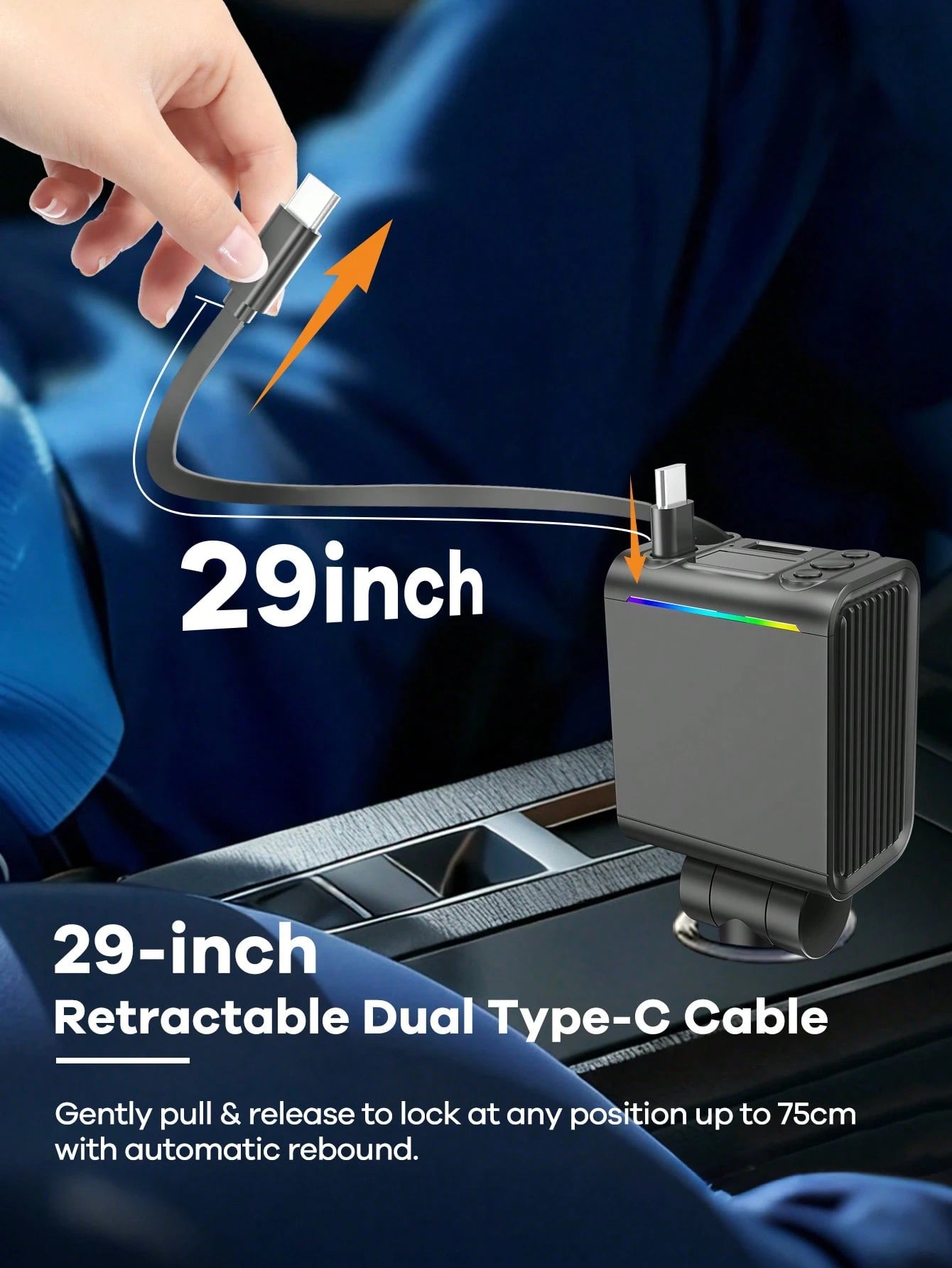 REMAX Bluetooth 5.3 FM Transmitter & Car Charger With Colorful Ambient Light, Dual 74cm Retractable USB-C Cables, 30W PD Fast Charging, HD Mic For Hands-Free Calls, Type-C Charger, IPhone Charger, Car