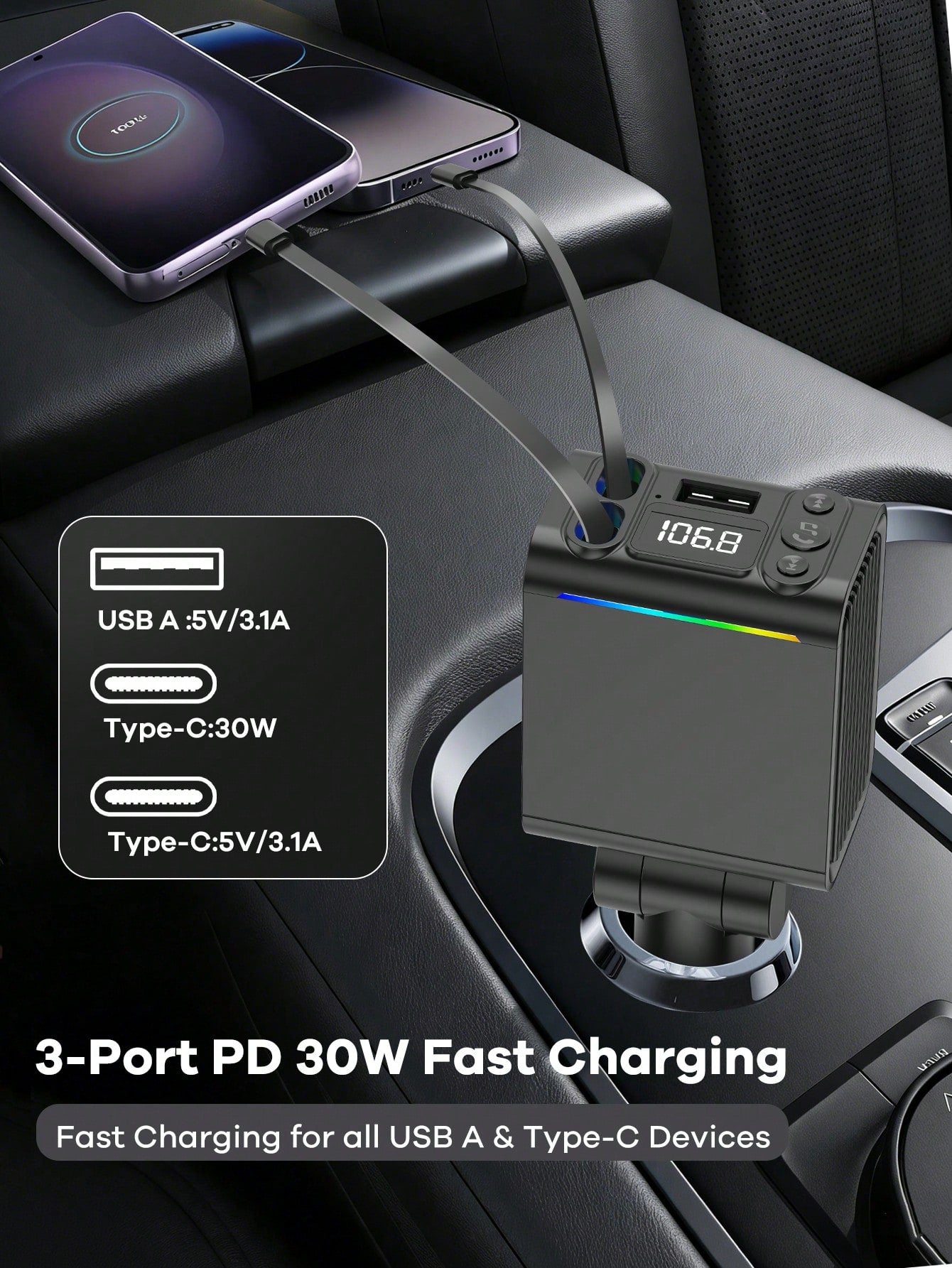 REMAX Bluetooth 5.3 FM Transmitter & Car Charger With Colorful Ambient Light, Dual 74cm Retractable USB-C Cables, 30W PD Fast Charging, HD Mic For Hands-Free Calls, Type-C Charger, IPhone Charger, Car