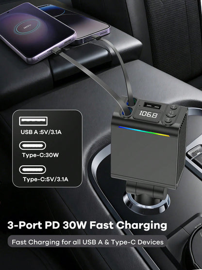 REMAX Bluetooth 5.3 FM Transmitter & Car Charger With Colorful Ambient Light, Dual 74cm Retractable USB-C Cables, 30W PD Fast Charging, HD Mic For Hands-Free Calls, Type-C Charger, IPhone Charger, Car