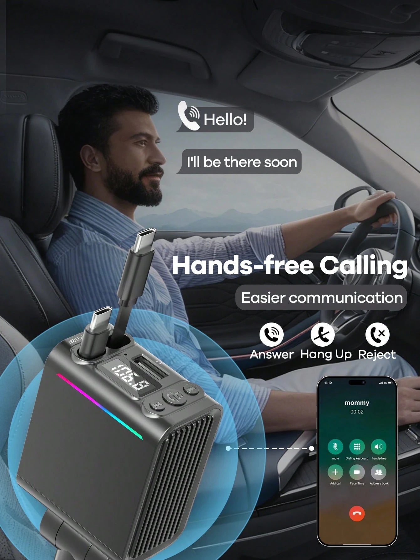 REMAX Bluetooth 5.3 FM Transmitter & Car Charger With Colorful Ambient Light, Dual 74cm Retractable USB-C Cables, 30W PD Fast Charging, HD Mic For Hands-Free Calls, Type-C Charger, IPhone Charger, Car