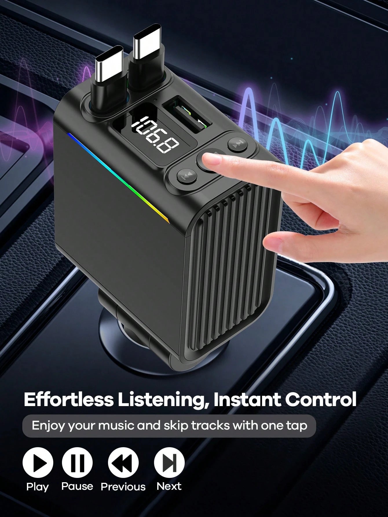 REMAX Bluetooth 5.3 FM Transmitter & Car Charger With Colorful Ambient Light, Dual 74cm Retractable USB-C Cables, 30W PD Fast Charging, HD Mic For Hands-Free Calls, Type-C Charger, IPhone Charger, Car