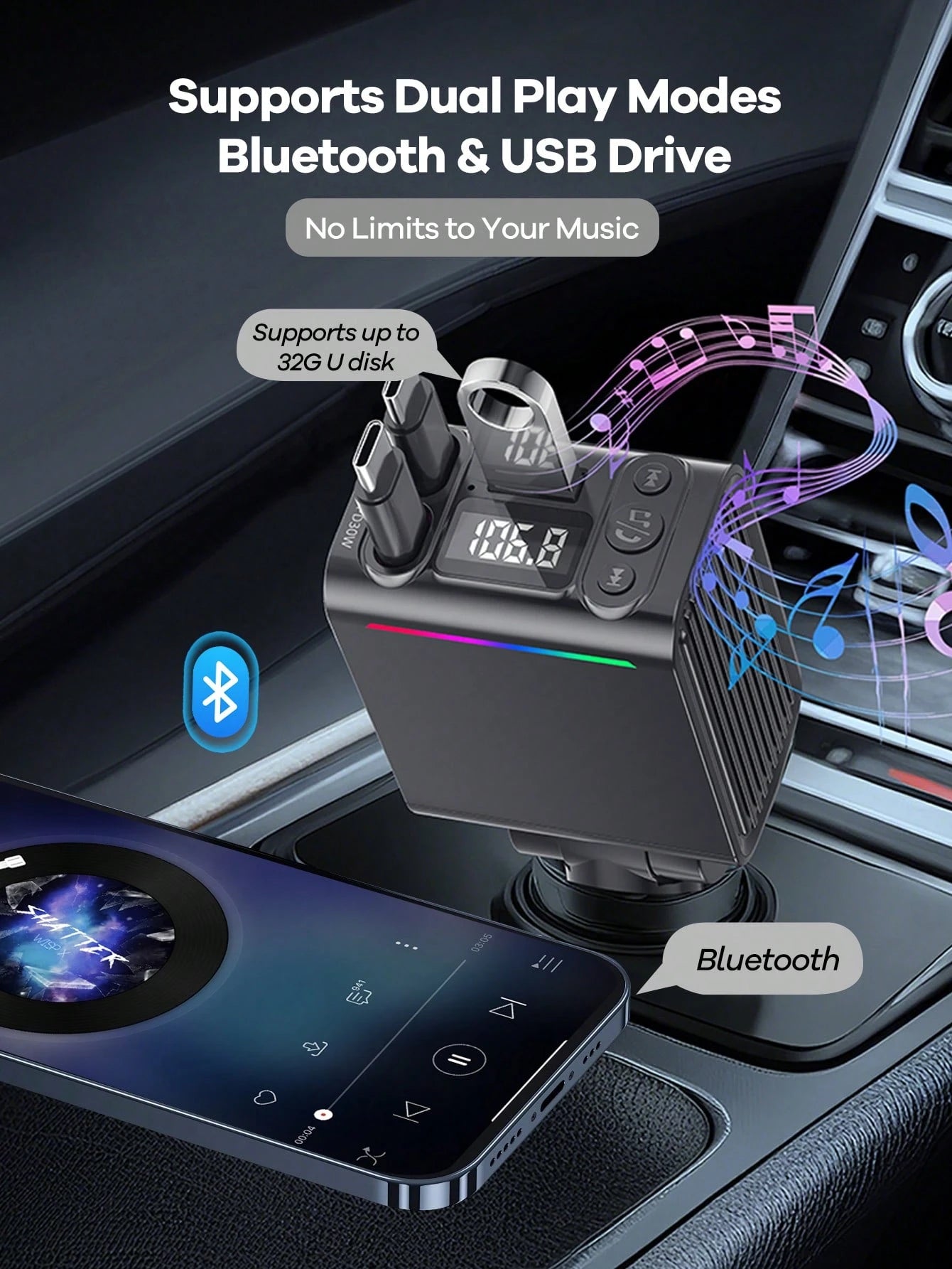 REMAX Bluetooth 5.3 FM Transmitter & Car Charger With Colorful Ambient Light, Dual 74cm Retractable USB-C Cables, 30W PD Fast Charging, HD Mic For Hands-Free Calls, Type-C Charger, IPhone Charger, Car