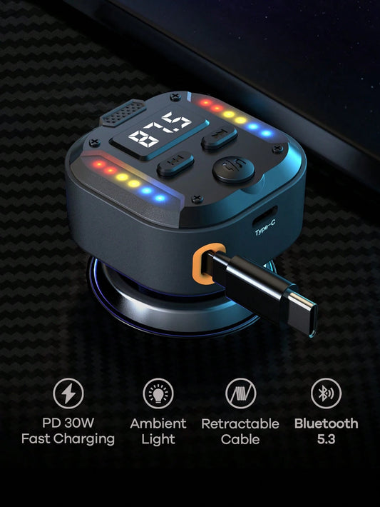 REMAX Bluetooth Car Charger With RGB Lights & 27.5" Retractable Cable; PD 30W Fast Charging; BT 5.3 For Hands-Free Call/Music; Auto Reconnect; Type-C Charger Compatible With Apple/Android; Car Accesso