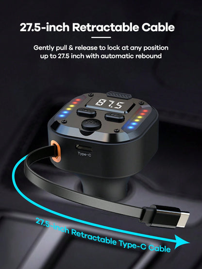 REMAX Bluetooth Car Charger With RGB Lights & 27.5" Retractable Cable; PD 30W Fast Charging; BT 5.3 For Hands-Free Call/Music; Auto Reconnect; Type-C Charger Compatible With Apple/Android; Car Accesso