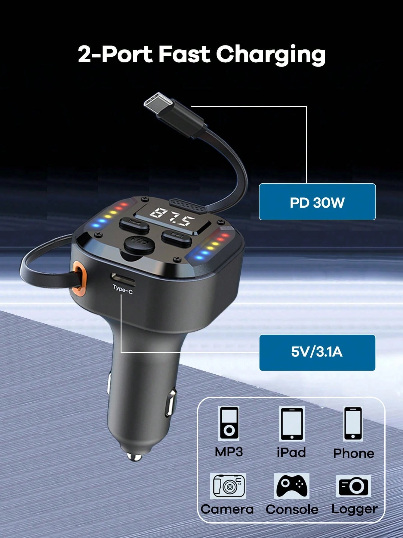 REMAX Bluetooth Car Charger With RGB Lights & 27.5" Retractable Cable; PD 30W Fast Charging; BT 5.3 For Hands-Free Call/Music; Auto Reconnect; Type-C Charger Compatible With Apple/Android; Car Accesso