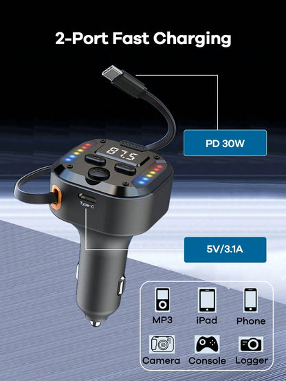 REMAX Bluetooth Car Charger With RGB Lights & 27.5" Retractable Cable; PD 30W Fast Charging; BT 5.3 For Hands-Free Call/Music; Auto Reconnect; Type-C Charger Compatible With Apple/Android; Car Accesso