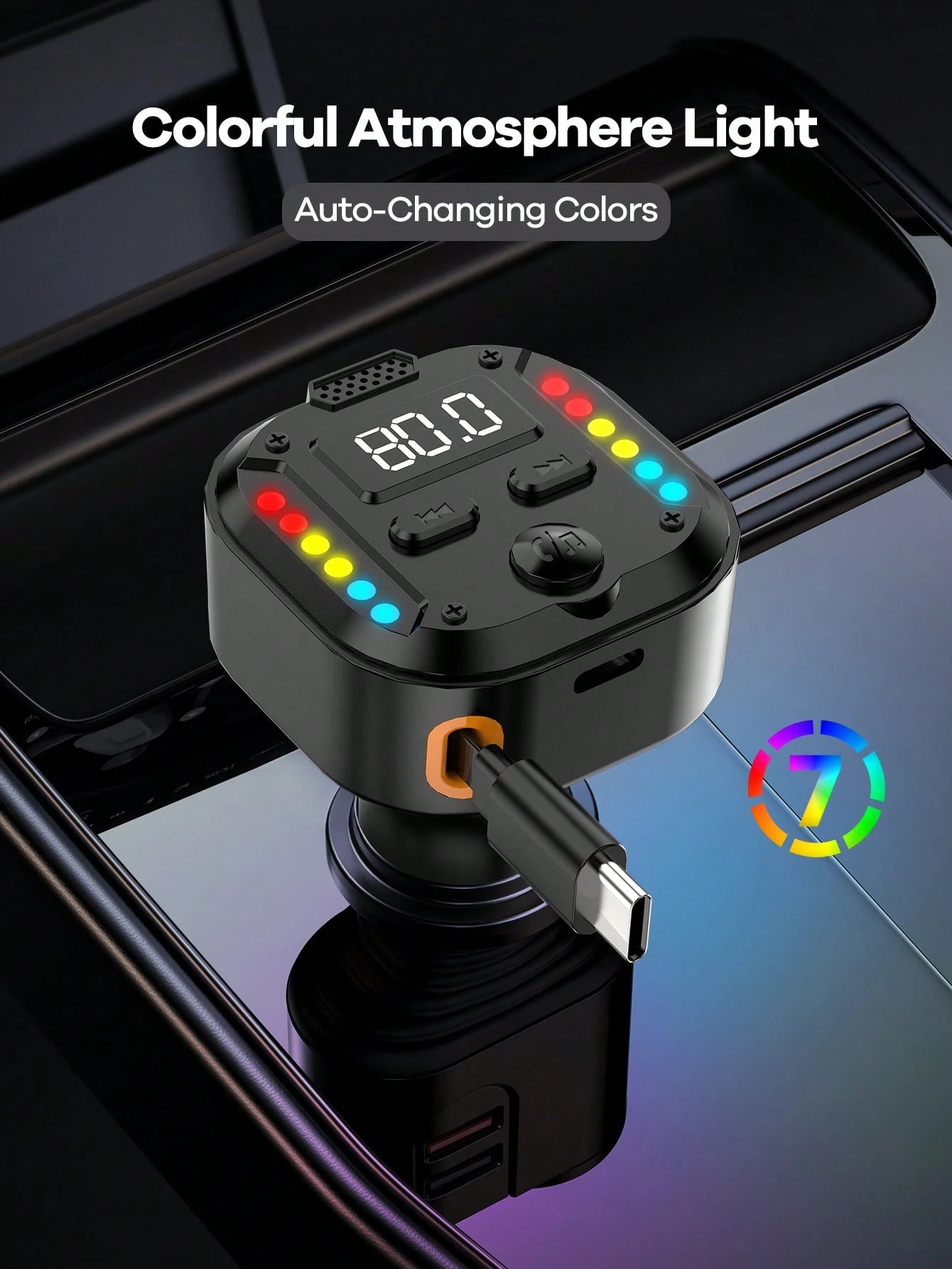 REMAX Bluetooth Car Charger With RGB Lights & 27.5" Retractable Cable; PD 30W Fast Charging; BT 5.3 For Hands-Free Call/Music; Auto Reconnect; Type-C Charger Compatible With Apple/Android; Car Accesso