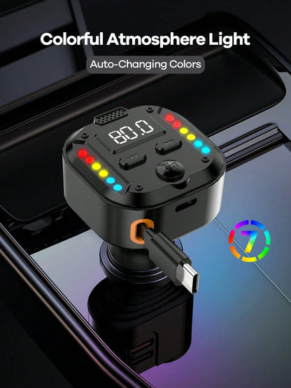 REMAX Bluetooth Car Charger With RGB Lights & 27.5" Retractable Cable; PD 30W Fast Charging; BT 5.3 For Hands-Free Call/Music; Auto Reconnect; Type-C Charger Compatible With Apple/Android; Car Accesso