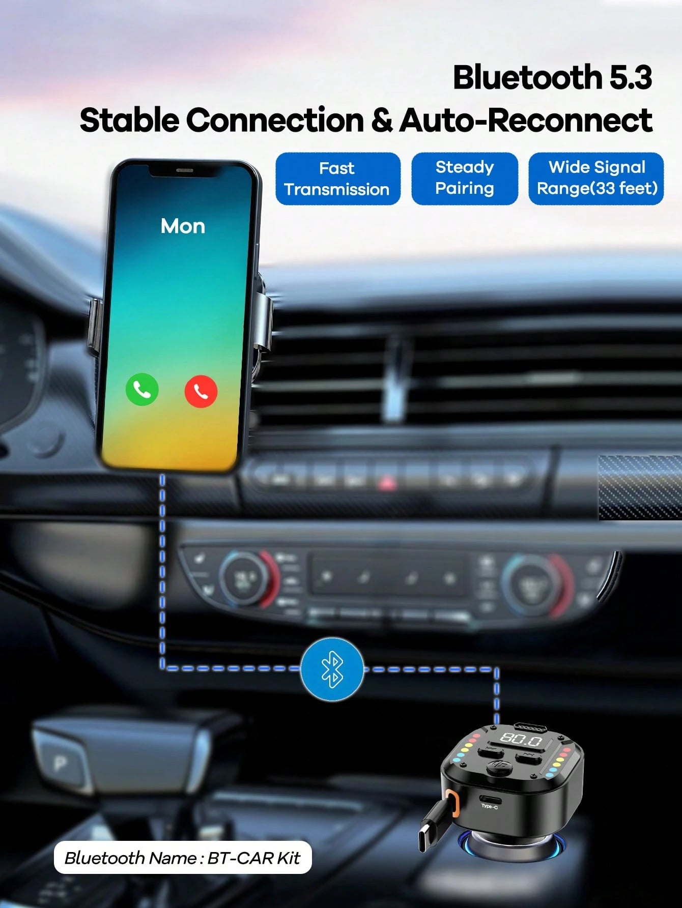 REMAX Bluetooth Car Charger With RGB Lights & 27.5" Retractable Cable; PD 30W Fast Charging; BT 5.3 For Hands-Free Call/Music; Auto Reconnect; Type-C Charger Compatible With Apple/Android; Car Accesso