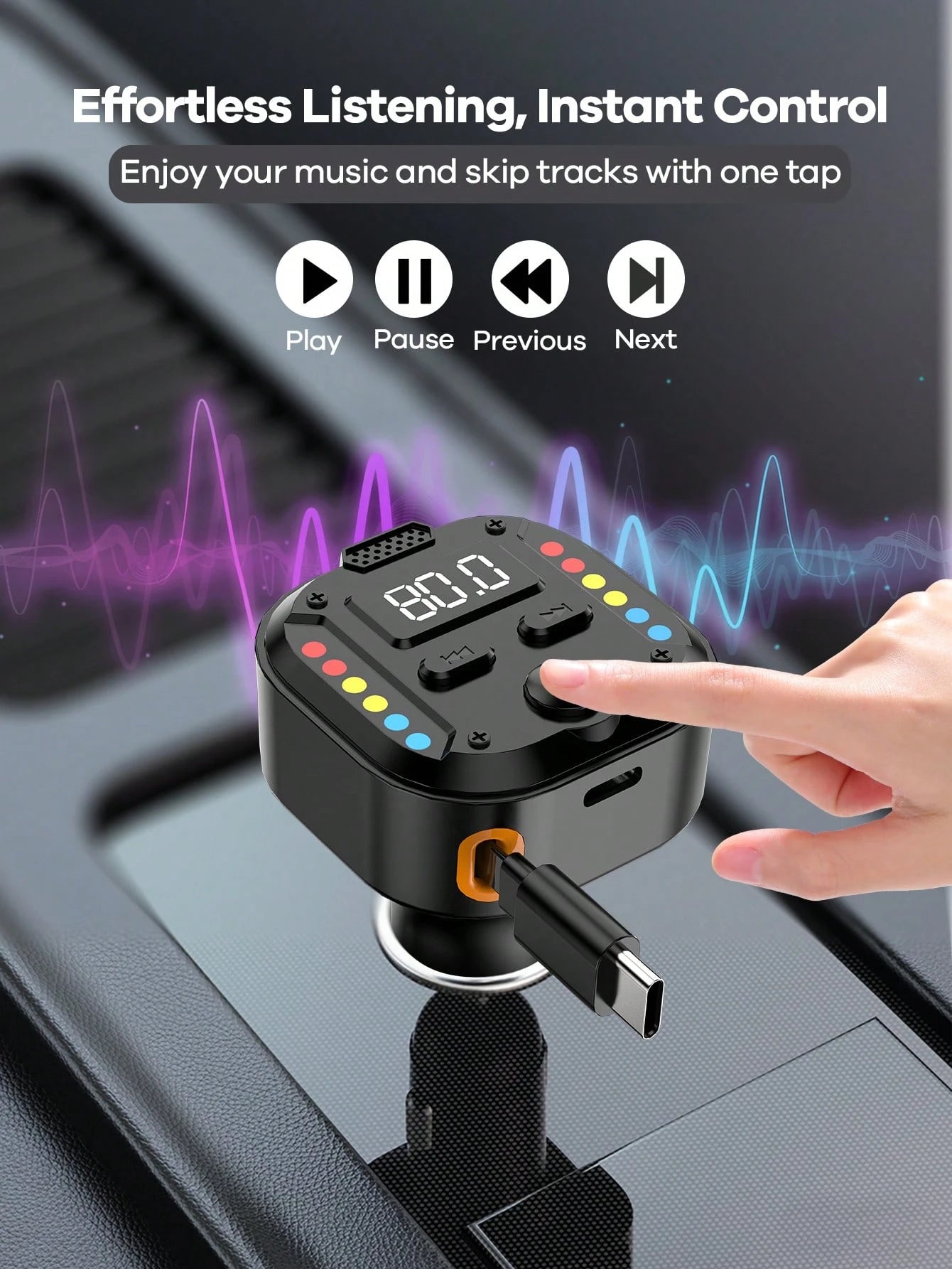 REMAX Bluetooth Car Charger With RGB Lights & 27.5" Retractable Cable; PD 30W Fast Charging; BT 5.3 For Hands-Free Call/Music; Auto Reconnect; Type-C Charger Compatible With Apple/Android; Car Accesso