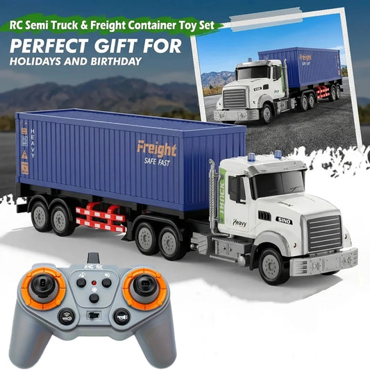 Remote Control Semi-Trailer Truck Toy, 23.6-Inch Kids Toys, Cargo Van With Two Rechargeable Batteries, 1:24 Scale Container Truck With LED Lights And Music Function,Toys For Kids
