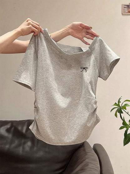 Resyla Plus Size Women's Bowknot Embroidery Shoulder T-Shirt, Slim Fit Short Crop Top For Summer
