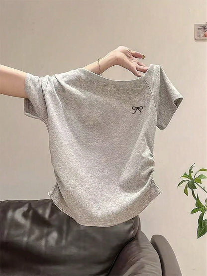 Resyla Plus Size Women's Bowknot Embroidery Shoulder T-Shirt, Slim Fit Short Crop Top For Summer