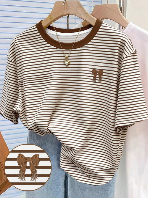 Resyla Striped Digital Print, Bow Embroidery Fashionable Minimalist Women's Regular Crew Neck T-Shirt, Gift For Friends