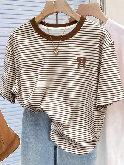 Resyla Striped Digital Print, Bow Embroidery Fashionable Minimalist Women's Regular Crew Neck T-Shirt, Gift For Friends