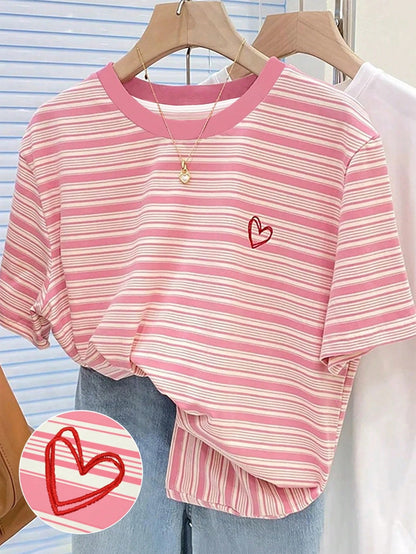 Resyla Striped Digital Print, Bow Embroidery Fashionable Minimalist Women's Regular Crew Neck T-Shirt, Gift For Friends