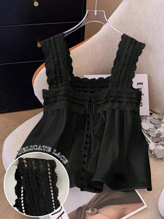 Resyla Women's Summer Casual Solid Color Lace Patchwork Sleeveless Blouse