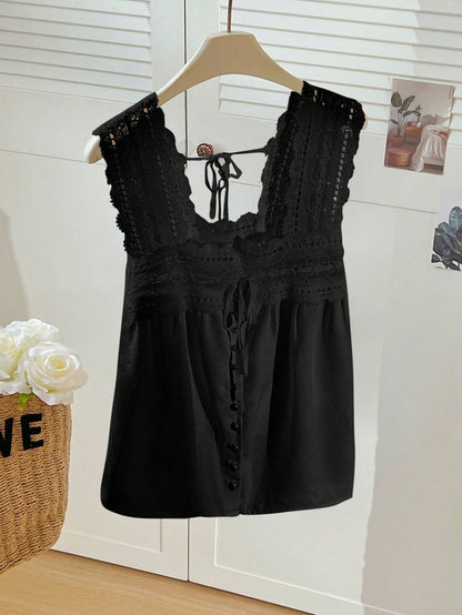 Resyla Women's Summer Casual Solid Color Lace Patchwork Sleeveless Blouse