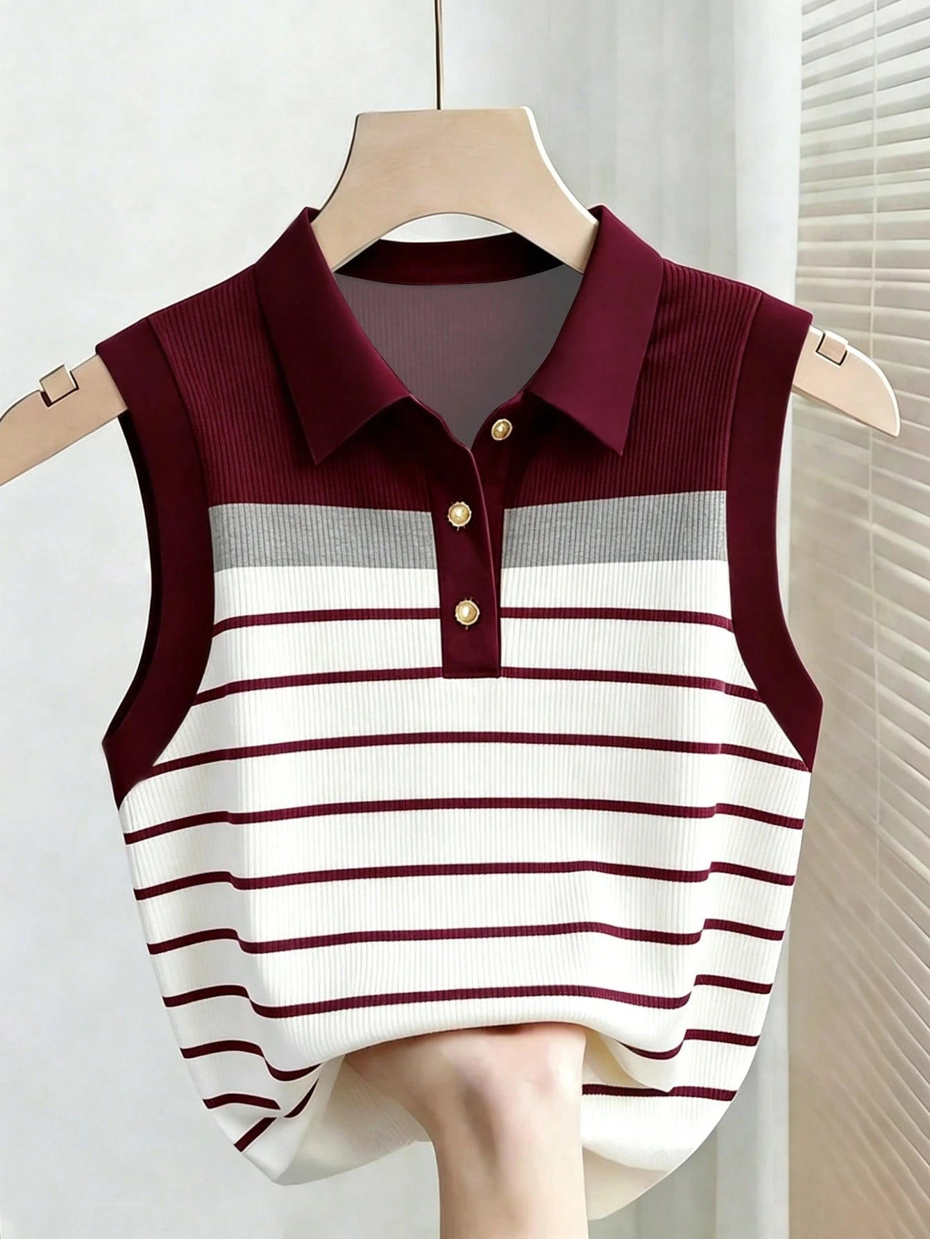 Resyla Women Striped Polo Collar Casual Versatile Tank Top