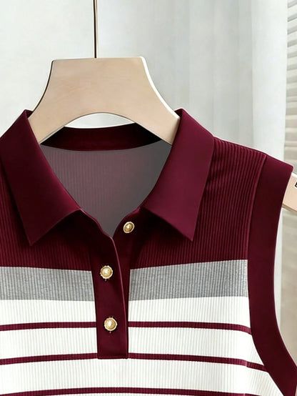Resyla Women Striped Polo Collar Casual Versatile Tank Top