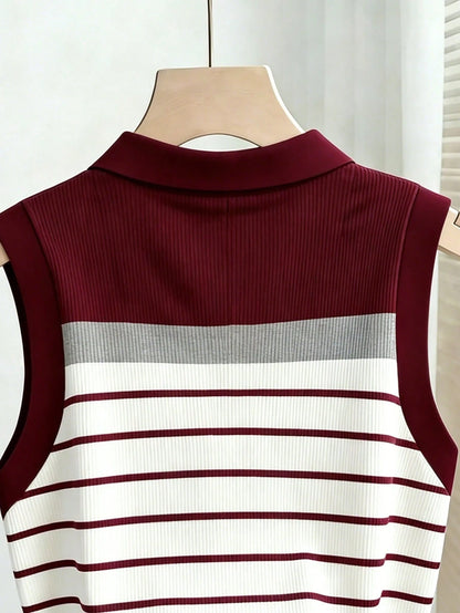 Resyla Women Striped Polo Collar Casual Versatile Tank Top