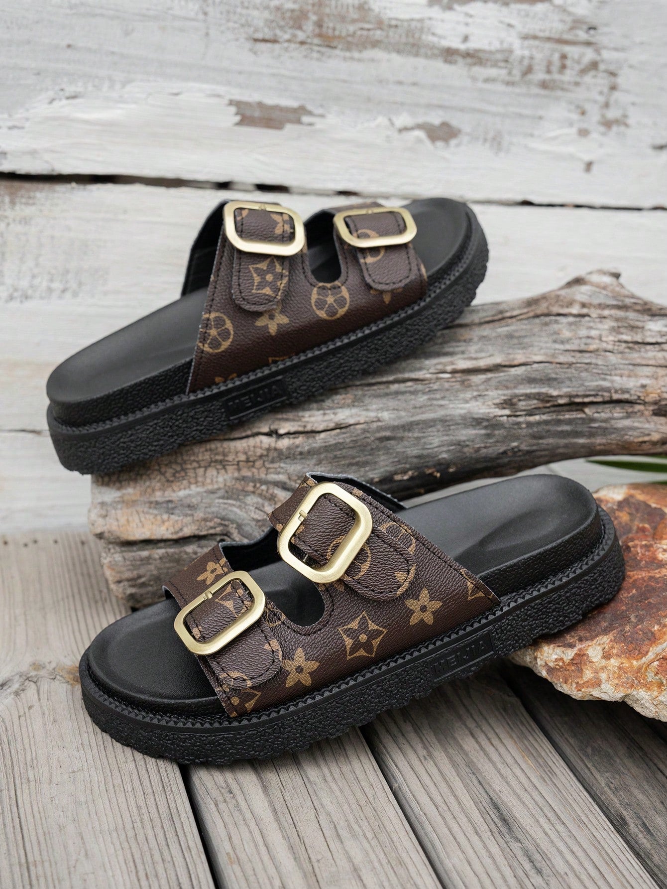 Retro Floral Double-Buckle Women's Sandals, Thick-Sole Slip-On Slides, Comfortable & Versatile Summer Outdoor Slippers,Wedge Sandals