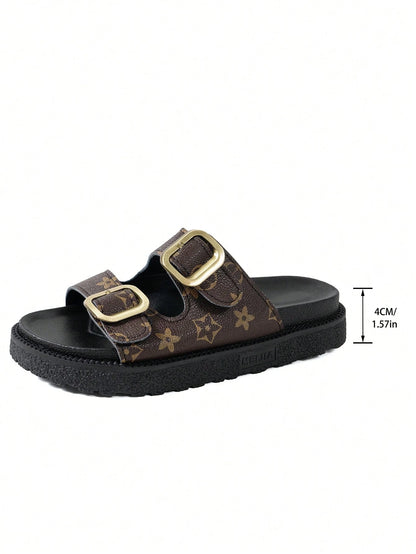 Retro Floral Double-Buckle Women's Sandals, Thick-Sole Slip-On Slides, Comfortable & Versatile Summer Outdoor Slippers,Wedge Sandals