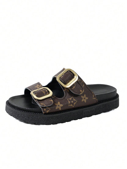 Retro Floral Double-Buckle Women's Sandals, Thick-Sole Slip-On Slides, Comfortable & Versatile Summer Outdoor Slippers,Wedge Sandals
