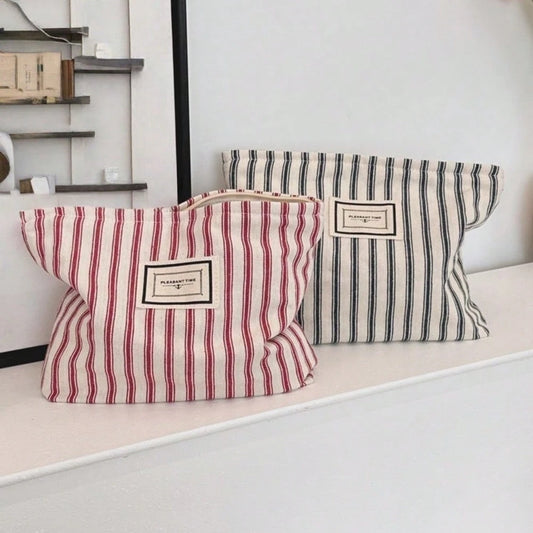 Retro Red Blue Stripe Makeup Bag Large Capacity Cosmetic Storage Bag Multi Functional Toilet Bag Lipstick Makeup Brush Powder Blusher Eye Shadow Storage Makeup Travel Essential Convenient Makeup Bag
