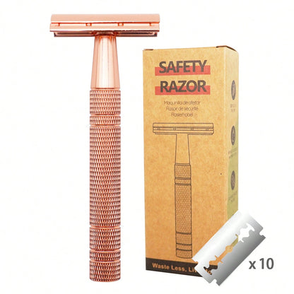 Reusable Women's Razor, Rose Gold Double Edge Safety Razor, Comes With 10 Blades