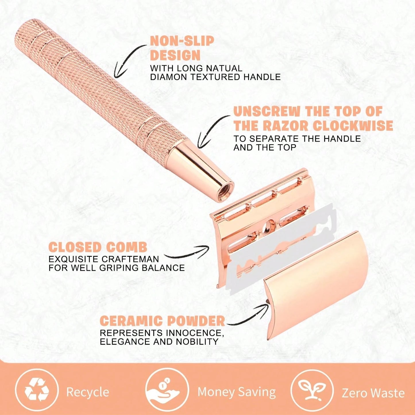 Reusable Women's Razor, Rose Gold Double Edge Safety Razor, Comes With 10 Blades