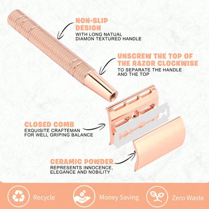 Reusable Women's Razor, Rose Gold Double Edge Safety Razor, Comes With 10 Blades