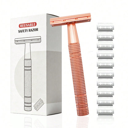 Reusable Women's Razor, Rose Gold Double Edge Safety Razor, Comes With 10 Blades