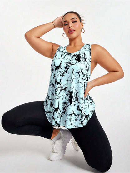 Rhythm Era All Over Print Asymmetric Hem Round Neck Summer Sports Camisole