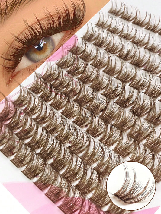Rikuaild 100pcs D-Curl Colorful Lightweight Brown Cluster False Eyelashes, Fluffy Dense Dark Brown Eyelash Clusters, Single Strand False Eyelash Extension, Soft Thin Natural Brown Makeup, Single Soft