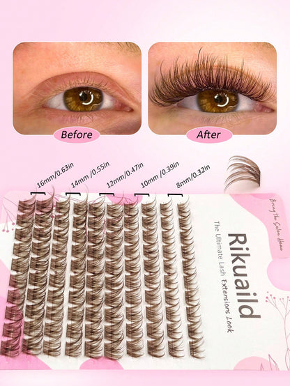 Rikuaild 100pcs D-Curl Colorful Lightweight Brown Cluster False Eyelashes, Fluffy Dense Dark Brown Eyelash Clusters, Single Strand False Eyelash Extension, Soft Thin Natural Brown Makeup, Single Soft