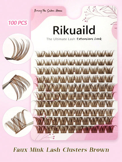 Rikuaild 100pcs D-Curl Colorful Lightweight Brown Cluster False Eyelashes, Fluffy Dense Dark Brown Eyelash Clusters, Single Strand False Eyelash Extension, Soft Thin Natural Brown Makeup, Single Soft
