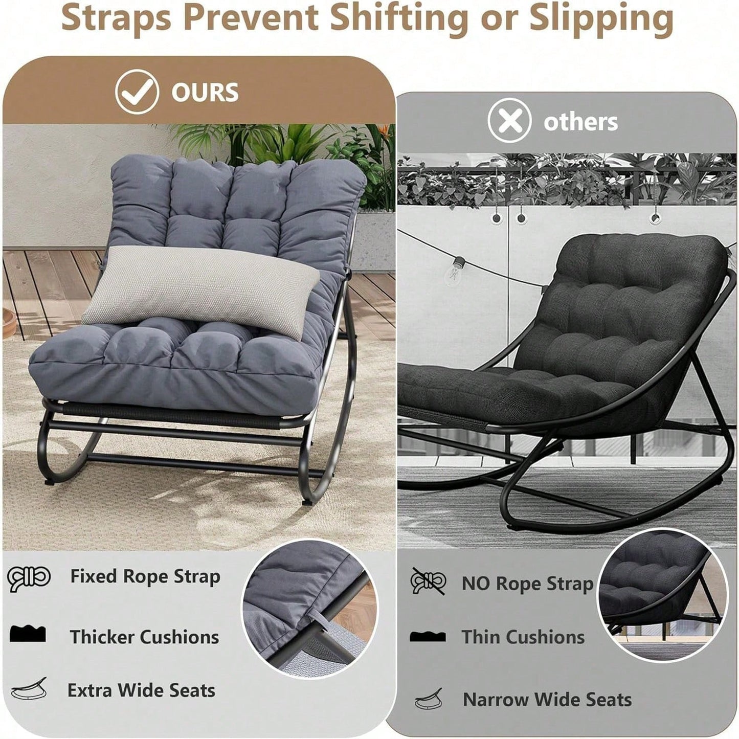 Rocking Papasan Chairs, Outdoor Lounge Chairs With Comfy Cushions, Sturdy Metal Frame, Reading Chairs For Adults, Padded Seat For Patio, Garden, Nursery, Living Room