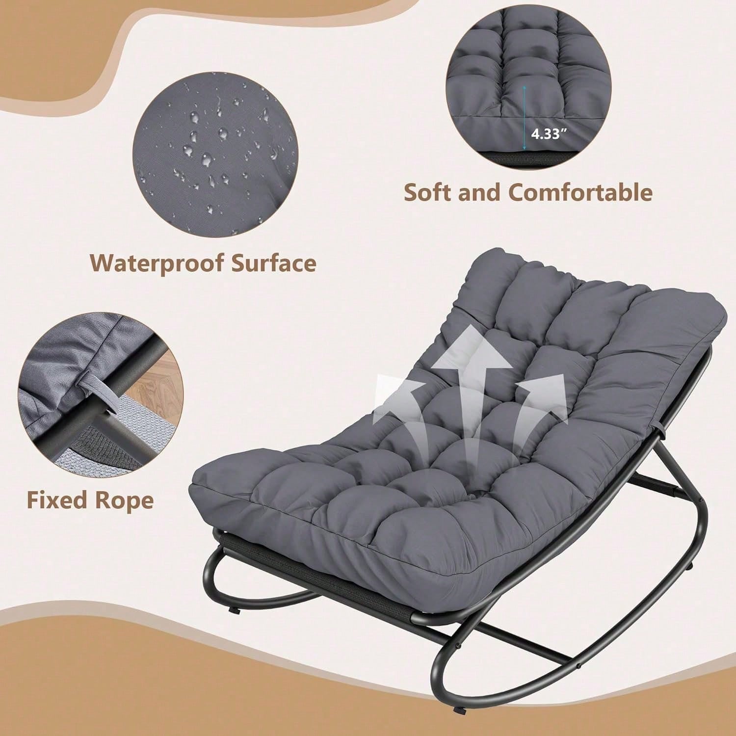 Rocking Papasan Chairs, Outdoor Lounge Chairs With Comfy Cushions, Sturdy Metal Frame, Reading Chairs For Adults, Padded Seat For Patio, Garden, Nursery, Living Room
