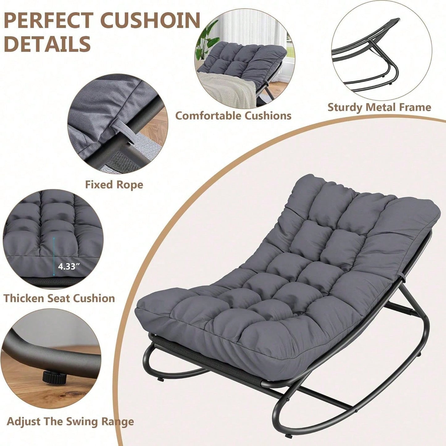 Rocking Papasan Chairs, Outdoor Lounge Chairs With Comfy Cushions, Sturdy Metal Frame, Reading Chairs For Adults, Padded Seat For Patio, Garden, Nursery, Living Room